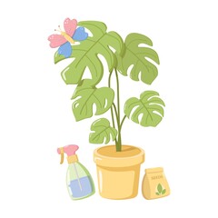Illustration of potted Monstera plant with large split leaves, butterfly perched on top, spray bottle, and seed packet nearby, cheerful design for gardening, indoor plant care, and nature projects © Lipitorika
