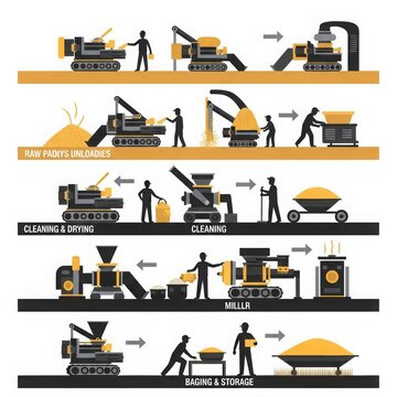 Industrial processing of raw materials workflow.