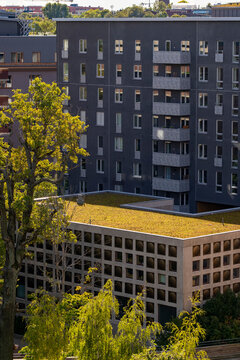 Urban modern apartment building architecture with green roof in residential Stockholm Sweden sustainable Norra Djurgardsstaden district