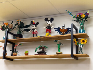 Naklejka premium Wooden shelves with lego mickey and minnie, bonsai and flowers