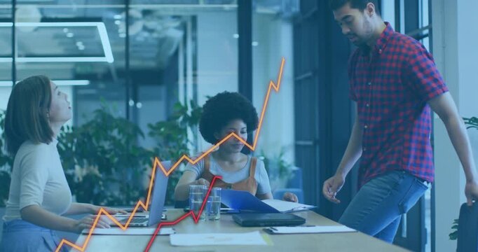 Center woman opening folder flipping docs, man leaning in reviewing finance graphs overlaying frame