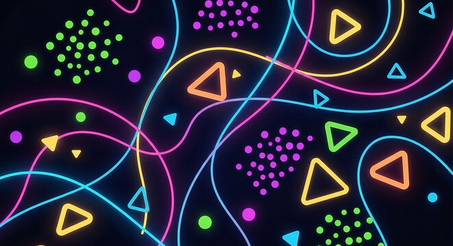 Vibrant neon lines, triangles, and dots dance across a dark, abs