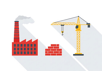 Obraz premium Minimalist red black vector silhouette factory chimney smoke rising construction crane brick wall building progress industrial landscape