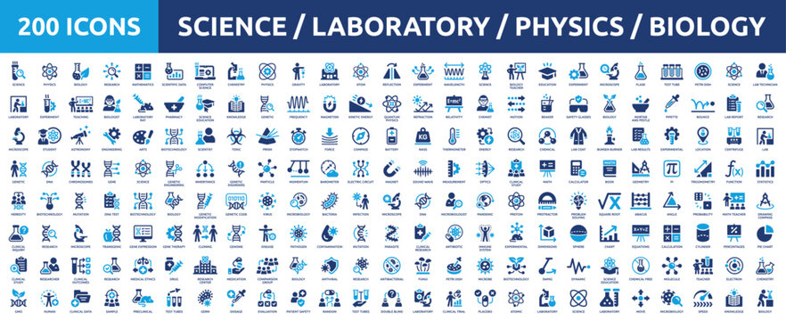 Huge set of 200 solid icons. Mega collection concept of science, laboratory, physics, research and biology. Vector illustration.