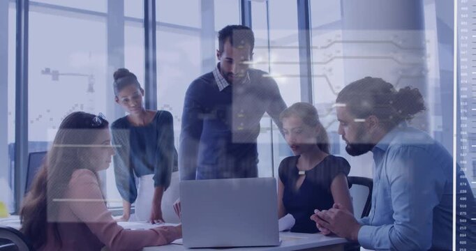 Woman tapping laptop, man pointing, causing business charts and map overlays settling above screen