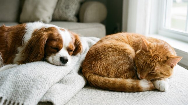 Cute Cavalier King Charles Spaniel dog and ginger cat sleeping peacefully on sofa