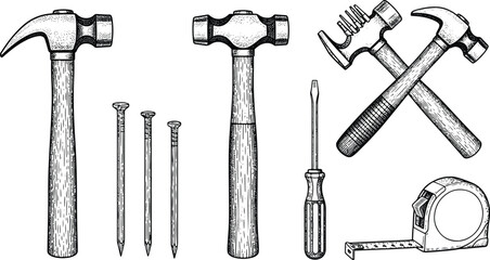 Fototapeta premium Vintage engraving hand tools illustration set with hammer, nails, screwdriver and measuring tape