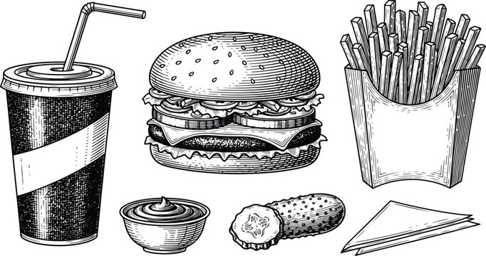 Vintage engraving fast food illustration set with burger, fries, soda drink, sauce and pickles