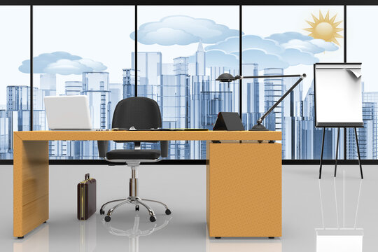 Interno di ufficio, con scrivania e computer. Sullo sfondo vetrata con veduta della citt&agrave;.