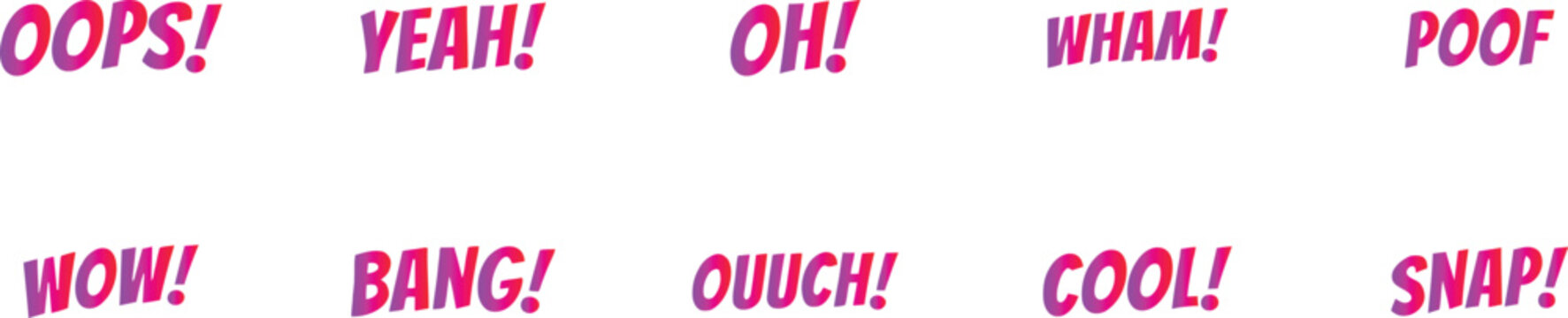 Comic sound words oops wow bang snap pop graphic text