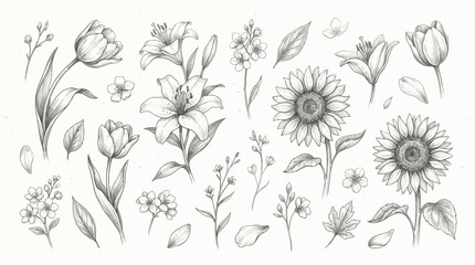 A beautiful collection of hand-drawn pencil sketches featuring various flowers like tulips, lilies, and sunflowers, along with delicate leaves and blossoms. © Terra
