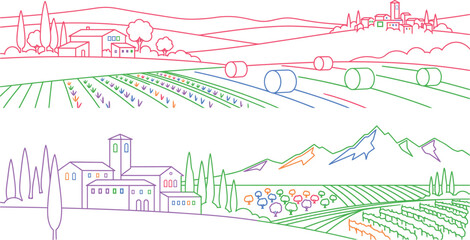 Naklejka premium Tuscan landscape line art vineyards farmhouses rolling hills illustration