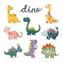 Naklejka premium Cute cartoon dinosaur illustration set featuring playful baby dinos in a colorful character style, including brachiosaurus, triceratops, and tyrannosaurus, with decorative “dino” lettering.