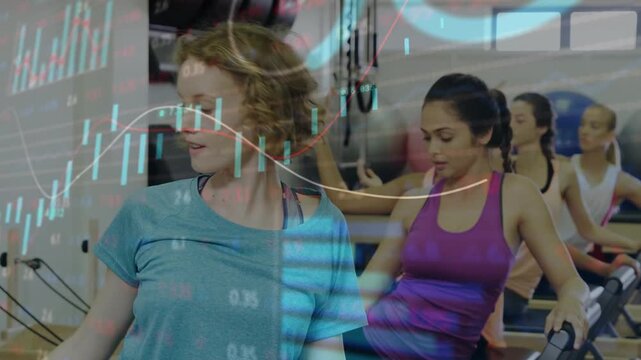 Five women at barre syncing side bend on instructor cue for posture, finance charts overlaying