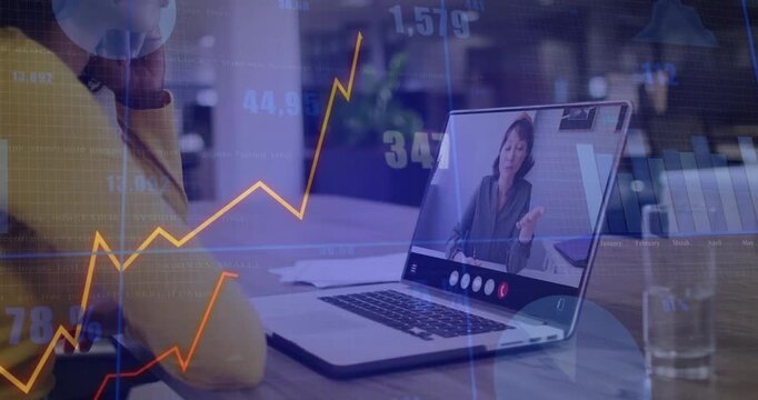 Woman reviewing finance while remote speaker speaking, charts on laptop rising to spike and varying