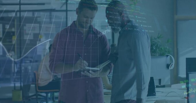 Man holding notes, writing and causing data charts pulsing while peer leaning, noting for business