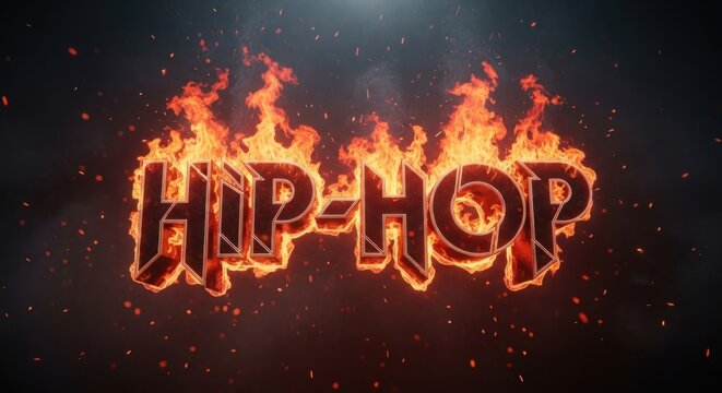 A fiery, dynamic text effect with the words 'HIP-HOP' in a fiery font against a dark background.