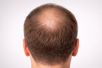 Fototapeta premium Man's balding head seen from above, hair loss on crown, thinning hair