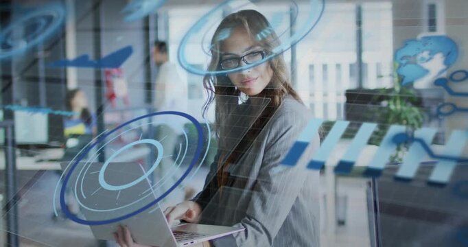 Seeing HUD, woman in grey blazer, glasses checking laptop, typing, confirming results at office