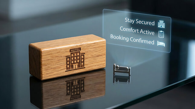 Wooden hotel room key block with digital booking confirmation on glass surface