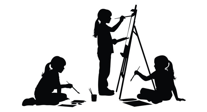 Children painting and drawing with an easel a charming silhouette