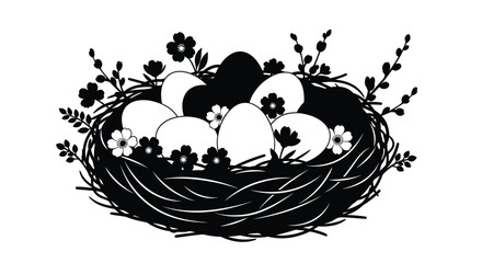 A charming bird s nest filled with eggs and floral details silhouette © MDSAJIB