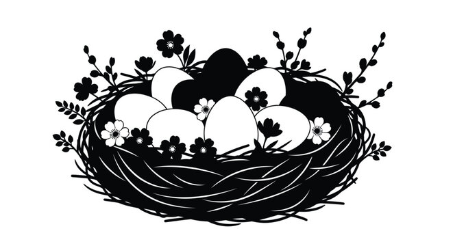 A charming bird s nest filled with eggs and floral details silhouette