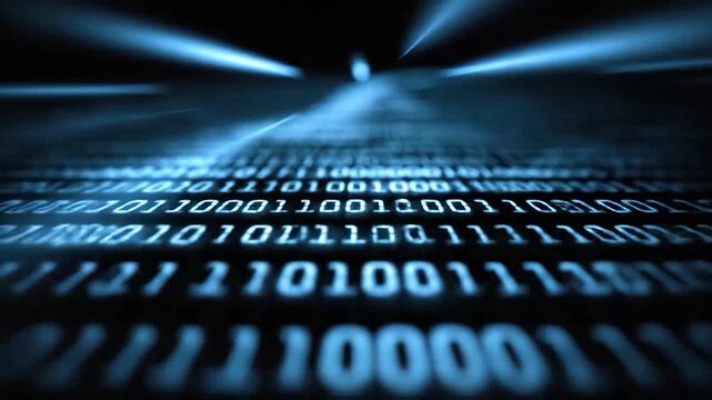 Digital binary code streams across a dark background with blue light