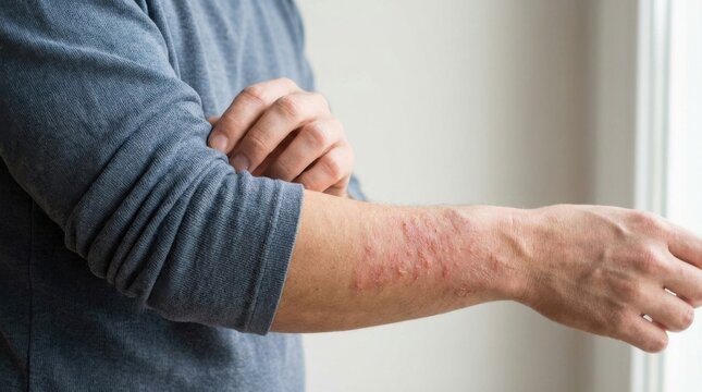 Person showing severe skin inflammation on lower arm with dry scaly patches and red lesions
