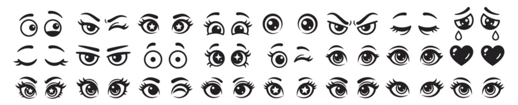 set of cartoon eye icons, emoji expressions and facial emotions, cute vector collection on transparent background
