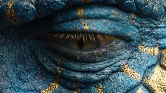 Close-up of a reptilian eye with intricate blue and gold scales