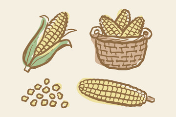 Corn elements set outline sketch vector illustration