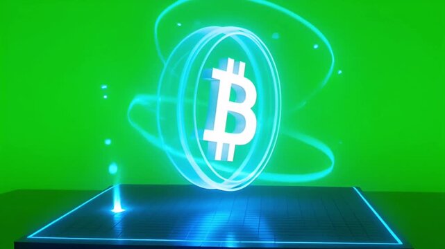 Bitcoin logo hovers above a digital platform with neon blue outlines and glowing effects on a green background in a video clip