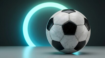 Naklejka premium Soccer ball with glowing neon circle on cyan gradient background. Modern football design concept for sports banners, posters and tournament promotion.