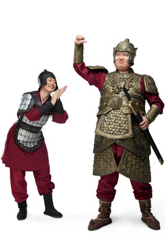 Humorous studio shot: armored ancient general and soldier