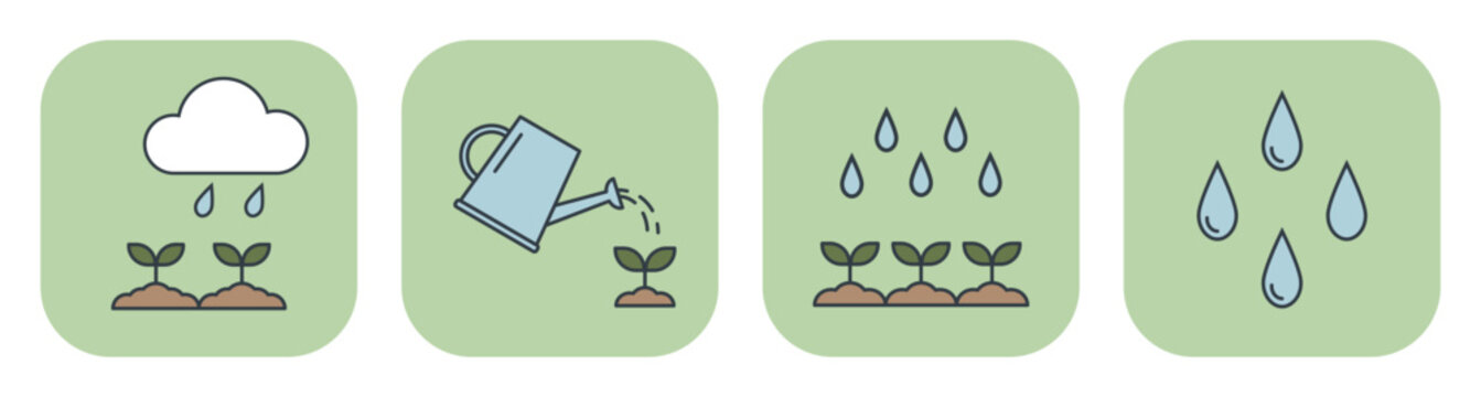 Flat icon set with watering seedlings, rain cloud, and falling water drops. Vector illustration for spring design