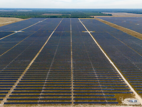 Aerial view of a sprawling solar farm stretching to the horizon, lines of dark panels contrasting with light pathways, a beacon of renewable energy, Jasper, Florida, United States.
