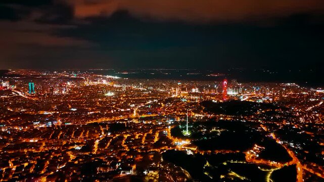 4K Wide Drone Aerial of Istanbul Night Skyline &ndash; Illuminated Cityscape and Bosphorus Views