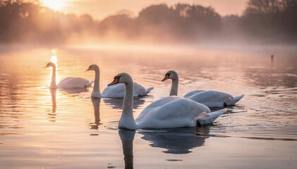 Fototapeta premium Graceful white birds glide through misty water at sunrise, reflecting golden light, a serene and tranquil scene of wild nature and peaceful mornings