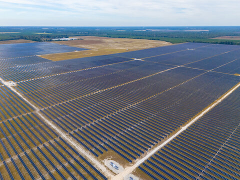 Aerial view of shimmering solar panels stretching across the landscape, meeting the horizon under a vast sky, Jasper, Florida, United States.