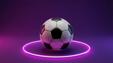 Naklejka premium Soccer ball surrounded by neon ring on magenta gradient background. Futuristic football concept for sports marketing and tournament graphics.