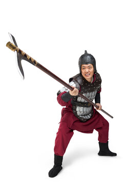 Humorous studio shot: armored ancient soldier