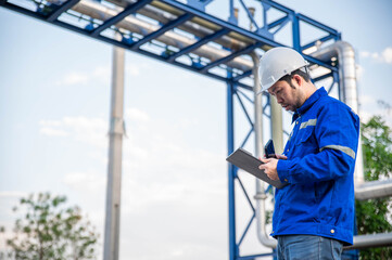 Fototapeta premium A specialist inspects the structure of a high-pressure water pipeline system connecting large industrial plants.