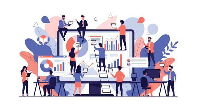 Large collaborative business team working together to analyze and update data on a massive digital computer screen display.