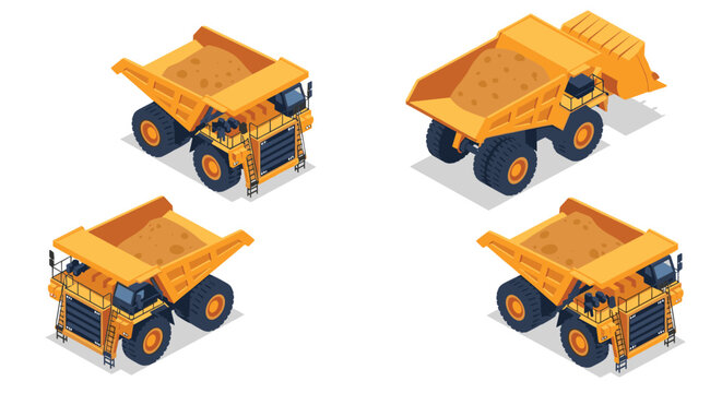Set of yellow isometric mining dump trucks shown from various angles for industrial construction and heavy machinery visualization.