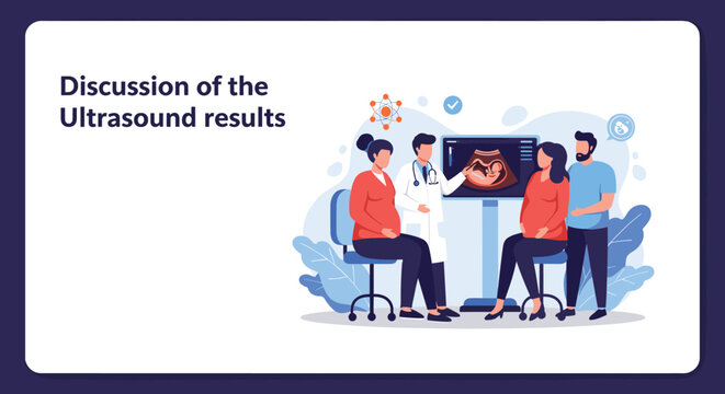 Doctor explains ultrasound scan results to two expectant couples in a medical office to discuss the healthy development of their babies.