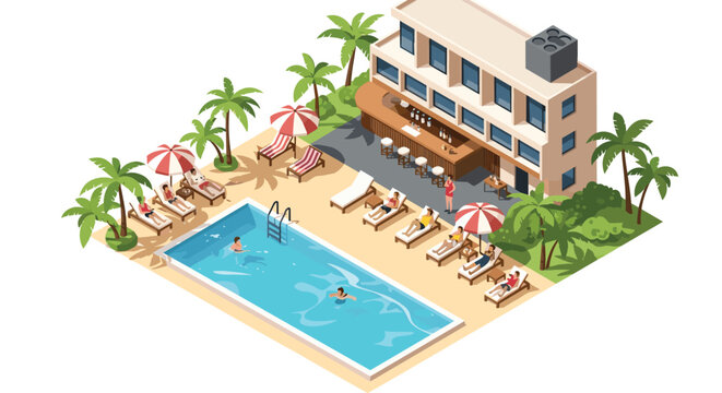Aerial isometric view of a luxury beach resort featuring a swimming pool, outdoor bar, palm trees, and guests relaxing on lounge chairs.