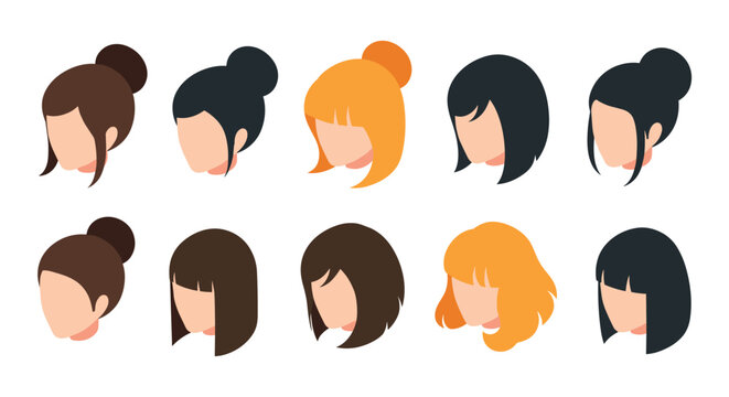 Large collection of isometric female hairstyles in different colors and styles for character creation and digital illustration projects.
