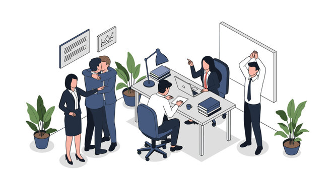 Coworkers in a busy office celebrate a major achievement while others continue to work or show frustration at their desks.