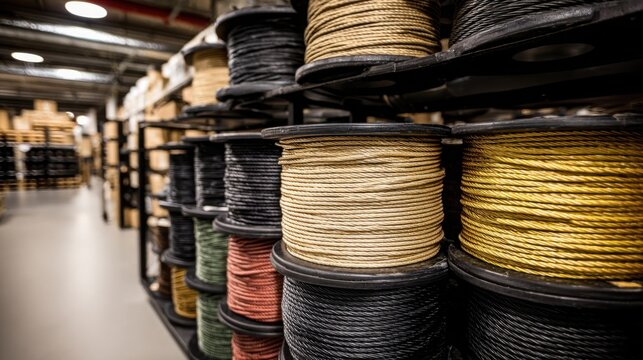 Neatly organized spools of industrial electrical wire and cable management supplies